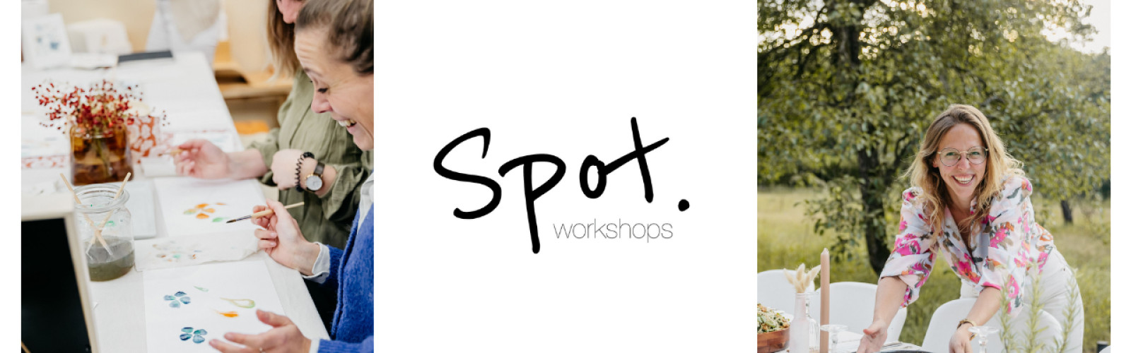 Foto van Sientje (eigenaar van SPot workshops helemaal rechts) en het logo van Spot Workshops.