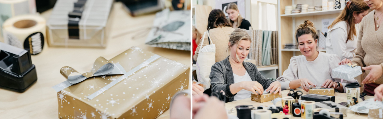 Workshop inpakken. Links een foto van een ingepakte cadeautje en rechts een foto van 2 dames die een workshop inpakken op Creative Life meedoen.