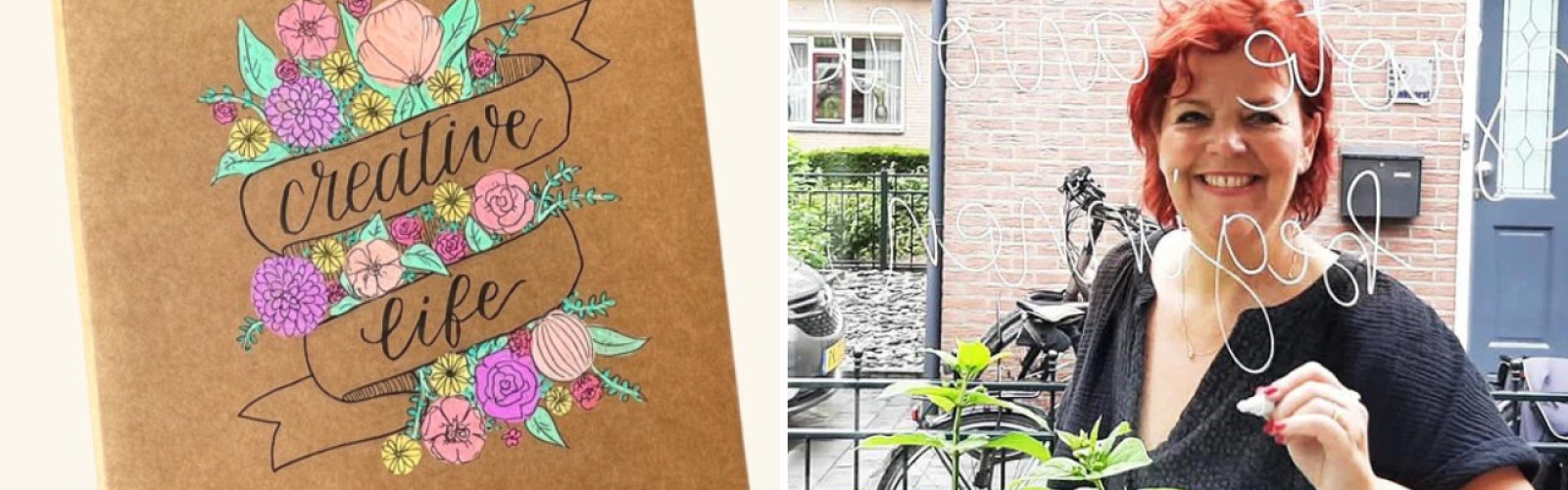 Een foto van een flowernotebook en Ingeborg die een raamtekening maakt.