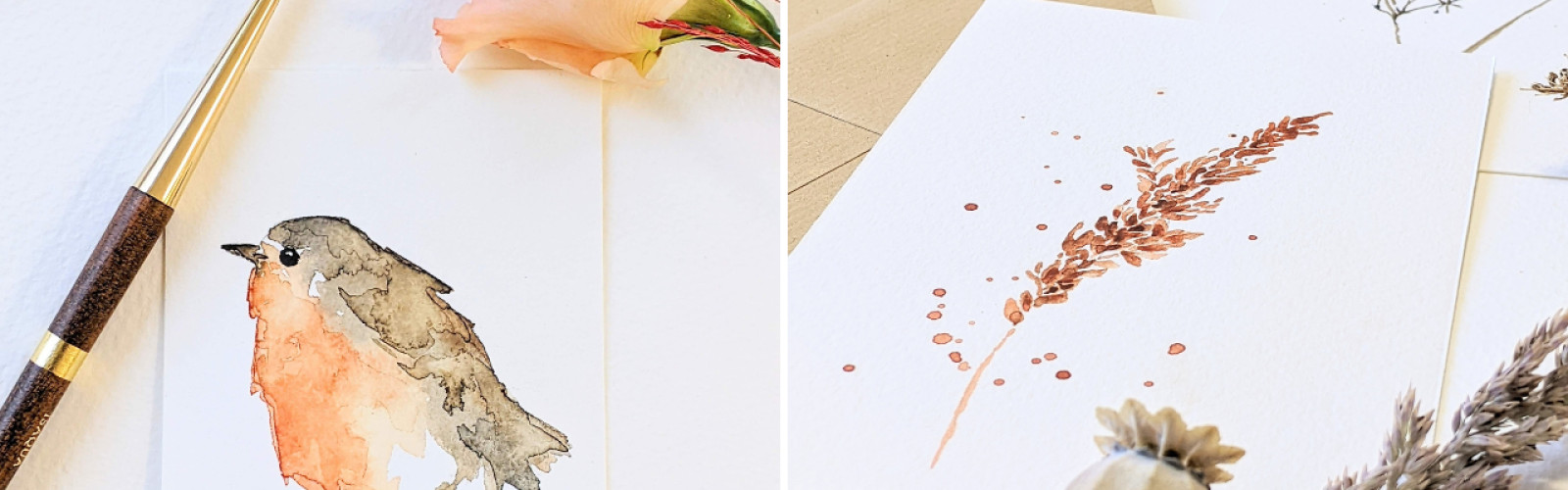Vogeltje en blad in aquarel geschilderd