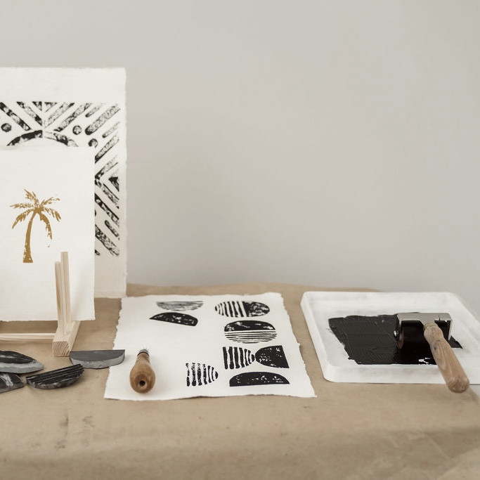 Blockprinting handgeschept papier - workshop - Foto