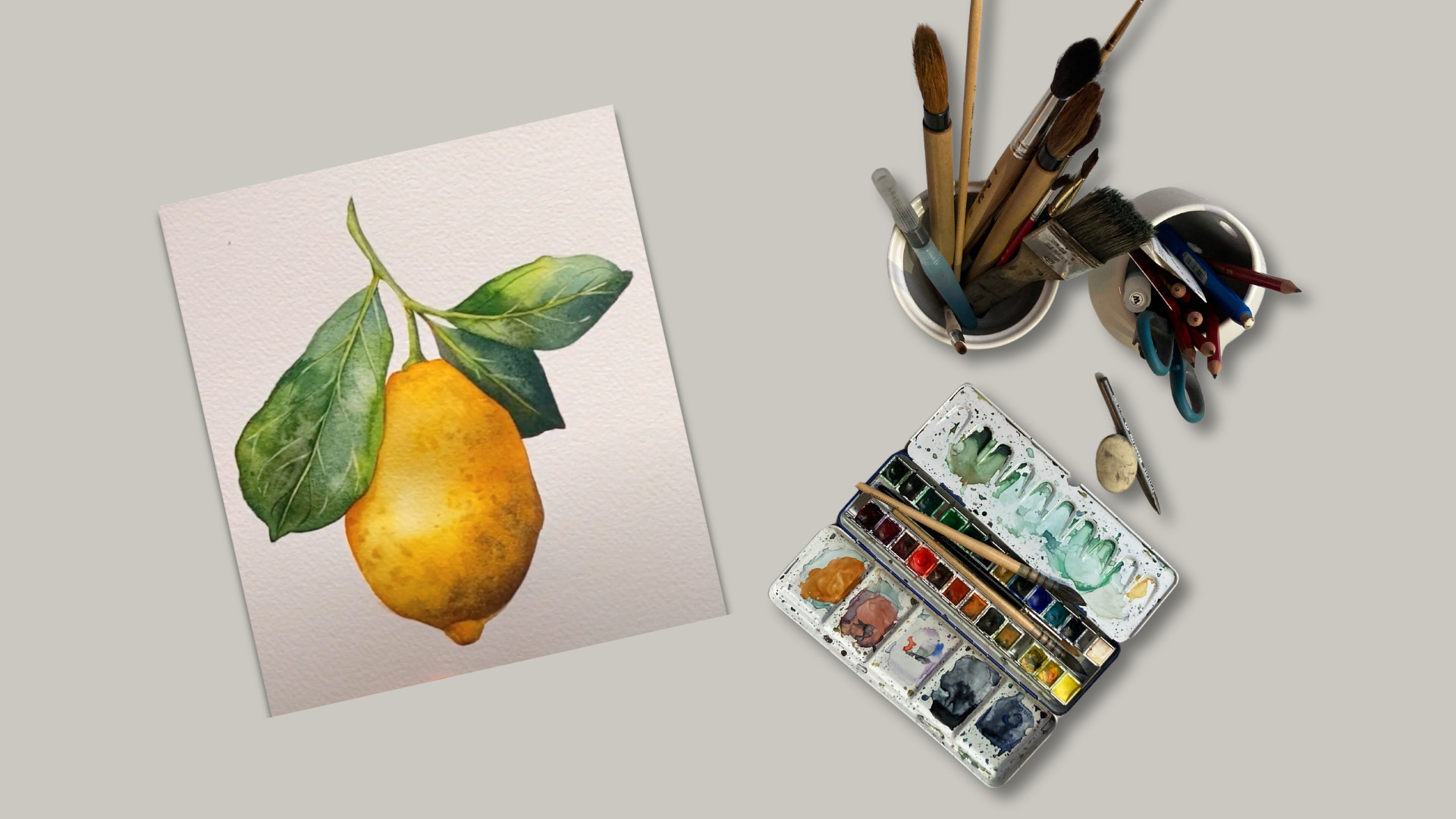 🌿🍋  Botanische illustratie schilderen met aquarel: eucalyptustakje 🌿 of citroen 🍋 - Foto