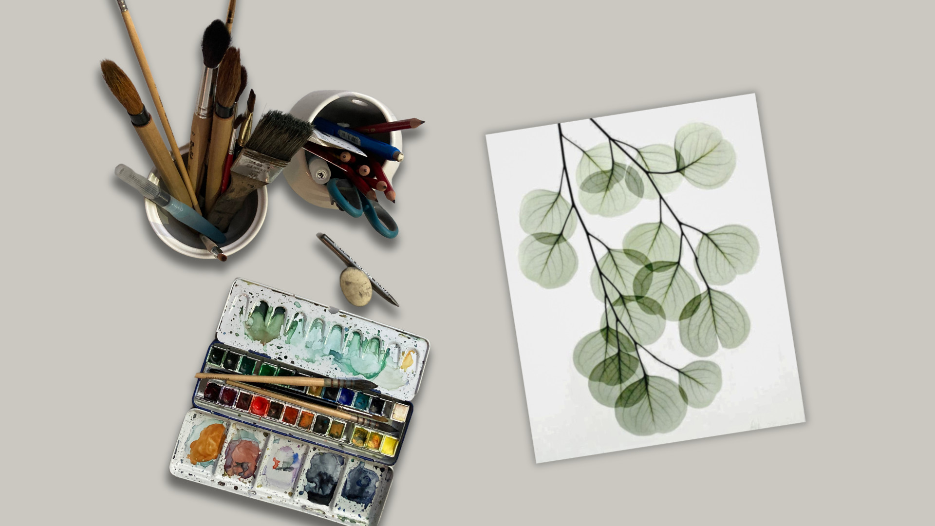 🌿🍋  Botanische illustratie schilderen met aquarel: eucalyptustakje 🌿 of citroen 🍋 - Foto