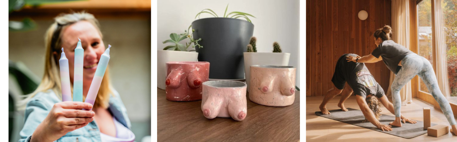 Kleurrijke kaarsen, boobie tassen en yoga & sip