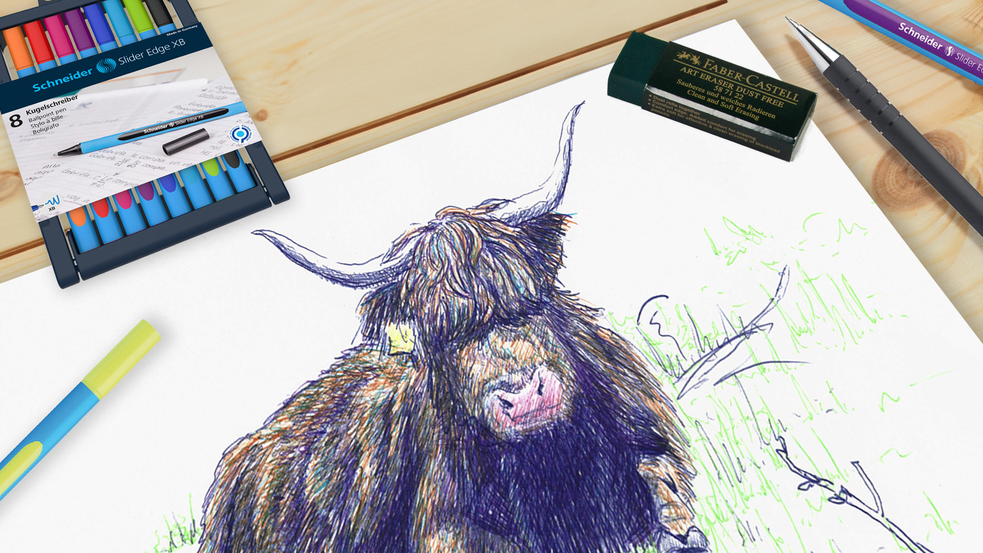 DIY- Workshop Schotse Hooglander tekenen met Schneider Slider Edge XB - Foto