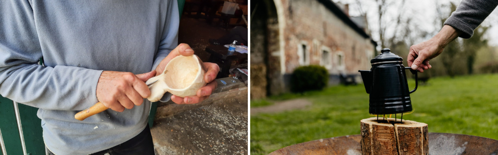 Lepelsnijden uit hout en een zweedse fakkel waar een theepot op staat.