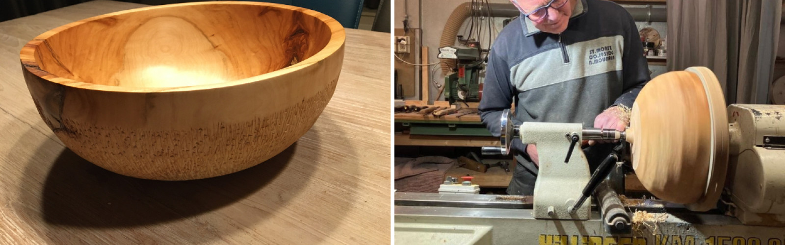 Houtgedraaide schaal en man aan het houtdraaien op een toestel.