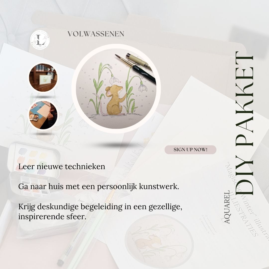 Creëer je eigen illustratie: Muisje tussen de sneeuwklokjes – compleet DIY aquarelpakket voor thuis - Foto