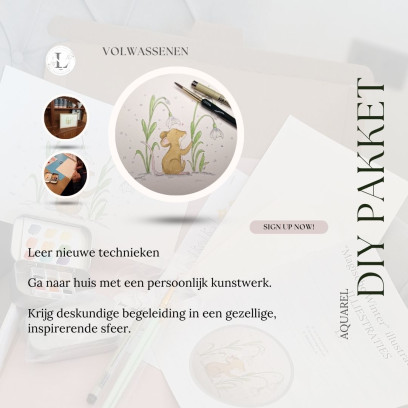 Creëer je eigen illustratie: Muisje tussen de sneeuwklokjes – compleet DIY aquarelpakket voor thuis