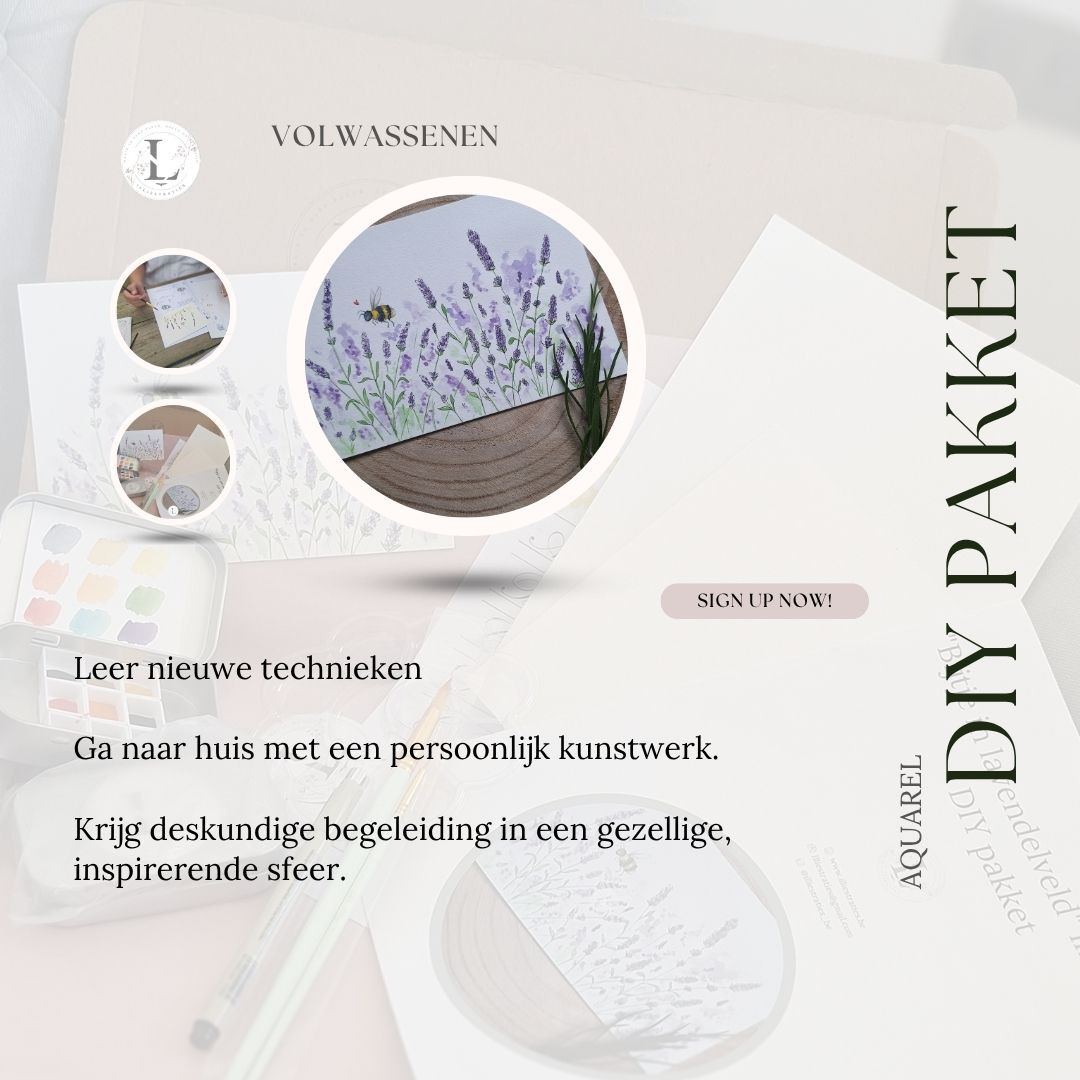 Creëer je eigen illustratie: Bijtje in lavendelveld – compleet DIY aquarelpakket - Foto