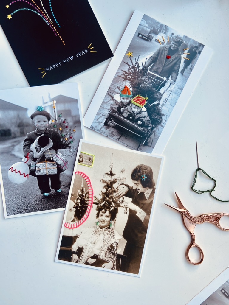 Borduren op vintage kerstkaarten workshop & sip