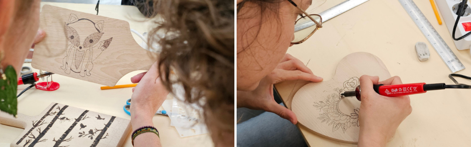 Mensen die aan het houtbranden zijn tijdens een workshop
