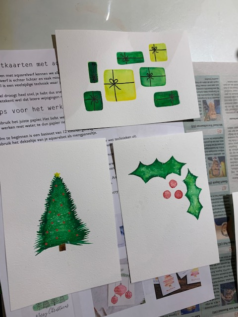 Kerstkaarten met ecoline en acrylinkt - Foto