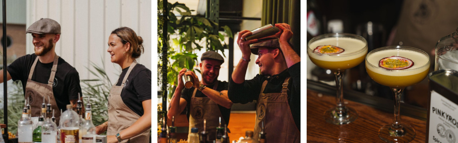 Een man en een vrouw met schort die aan cocktails staan, shaken en ook twee cocktails.