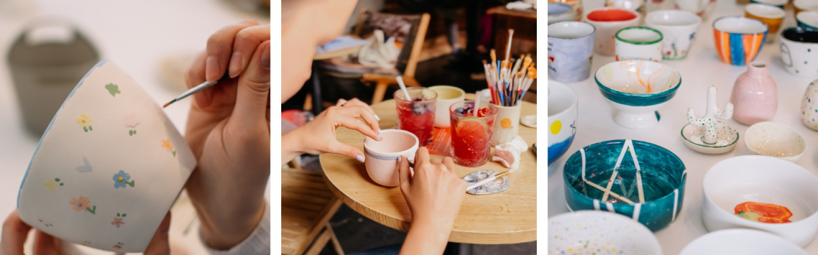Verschillende keramiek potjes die beschilderd worden of al reeds beschilderd zijn.