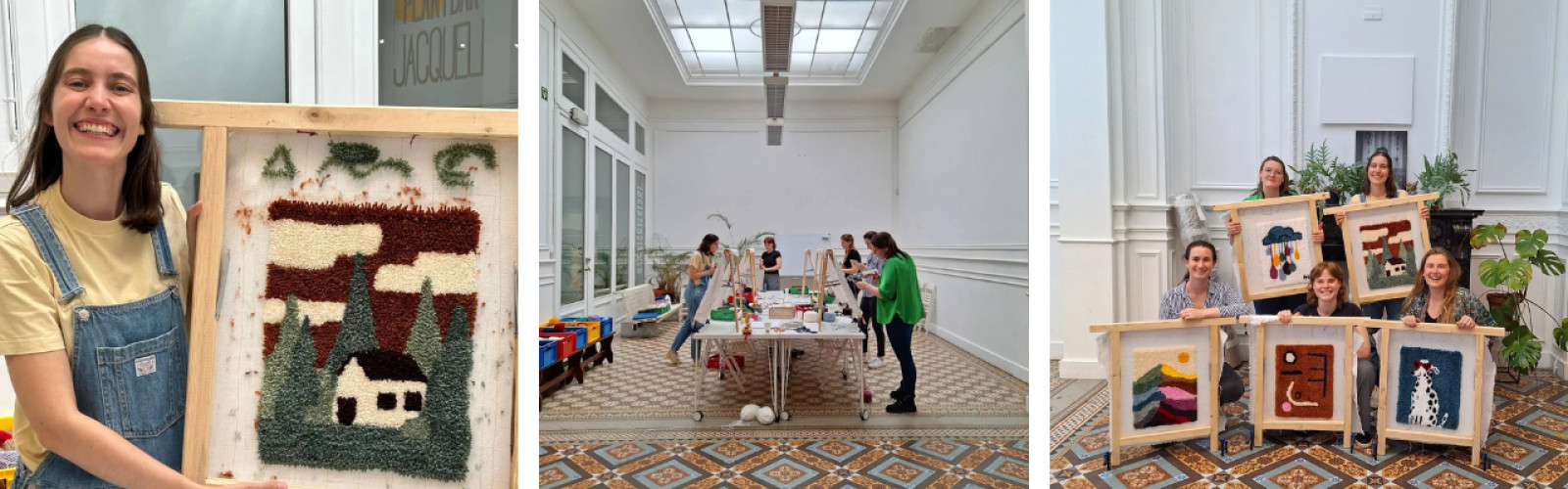 Tufting resultaten en mensen die met een tufting workshop bezig zijn