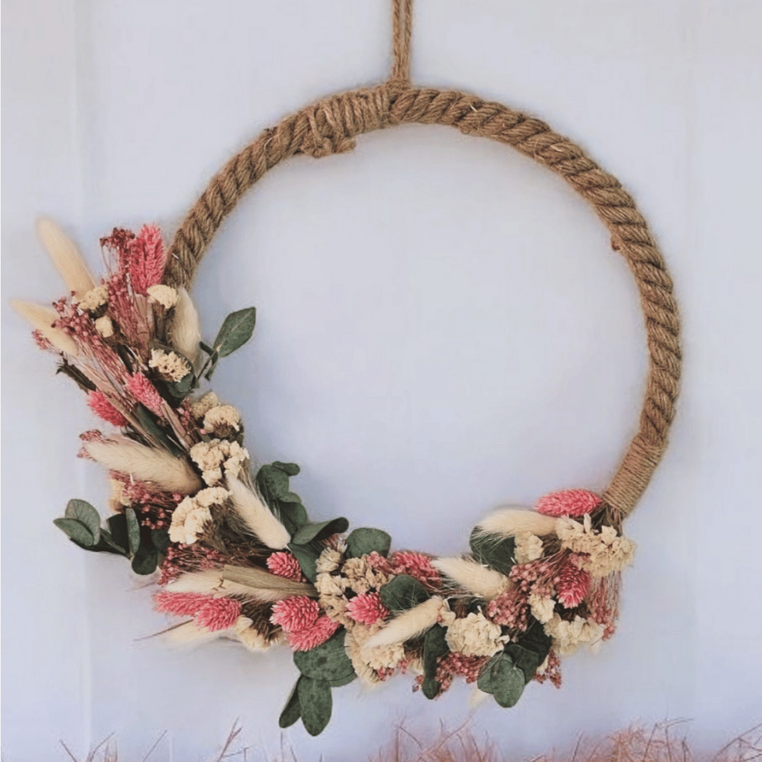 Workshop Droogbloemenkrans op een jute frame - Foto