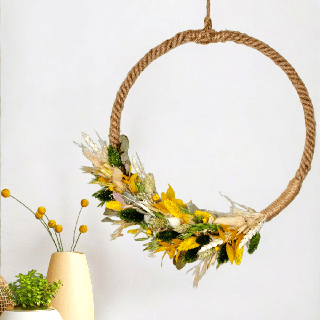 Workshop Droogbloemenkrans op een jute frame - Foto