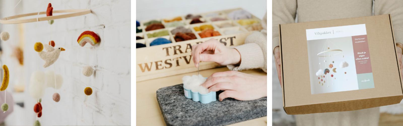 Foto's van een babymobiel die gemaakt werd uit vilt, en iemand die aan het vilten is.