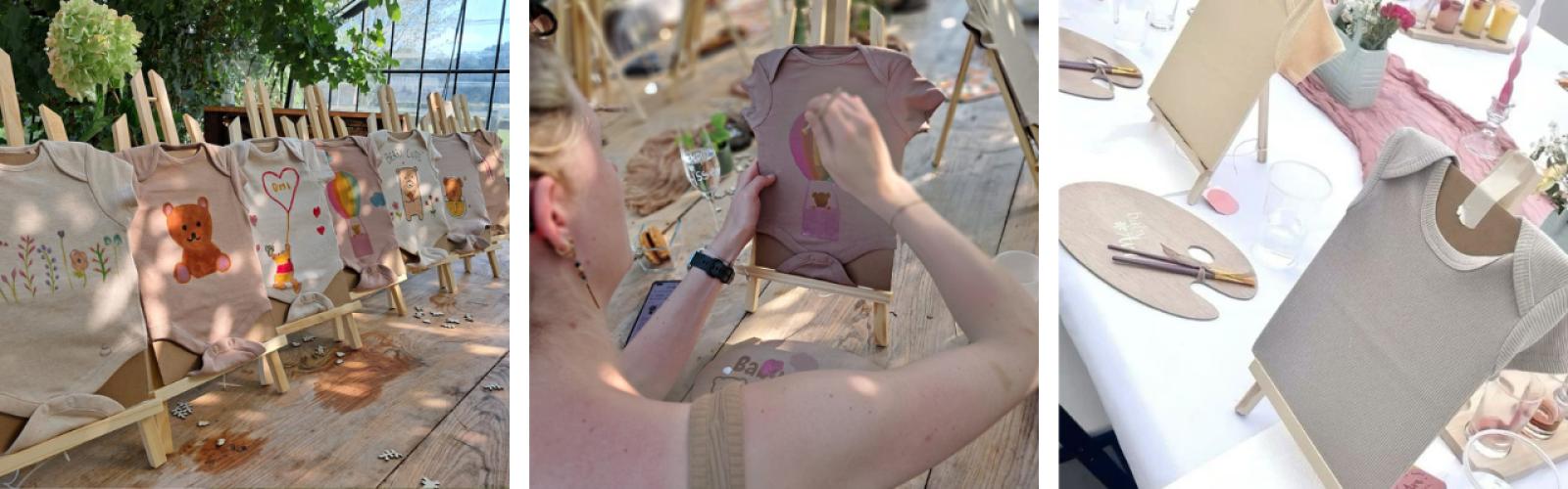 Allemaal leuke rompers die beschilderd worden.