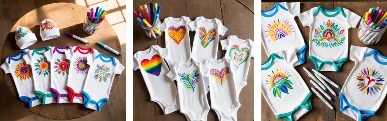 Witte rompers die met textielstiften zijn versierd met kleurrijke illustraties zoals bloemen, regenbogen en hartjes. Elk ontwerp is handgemaakt en anders, waardoor elke romper een persoonlijk en uniek item wordt.