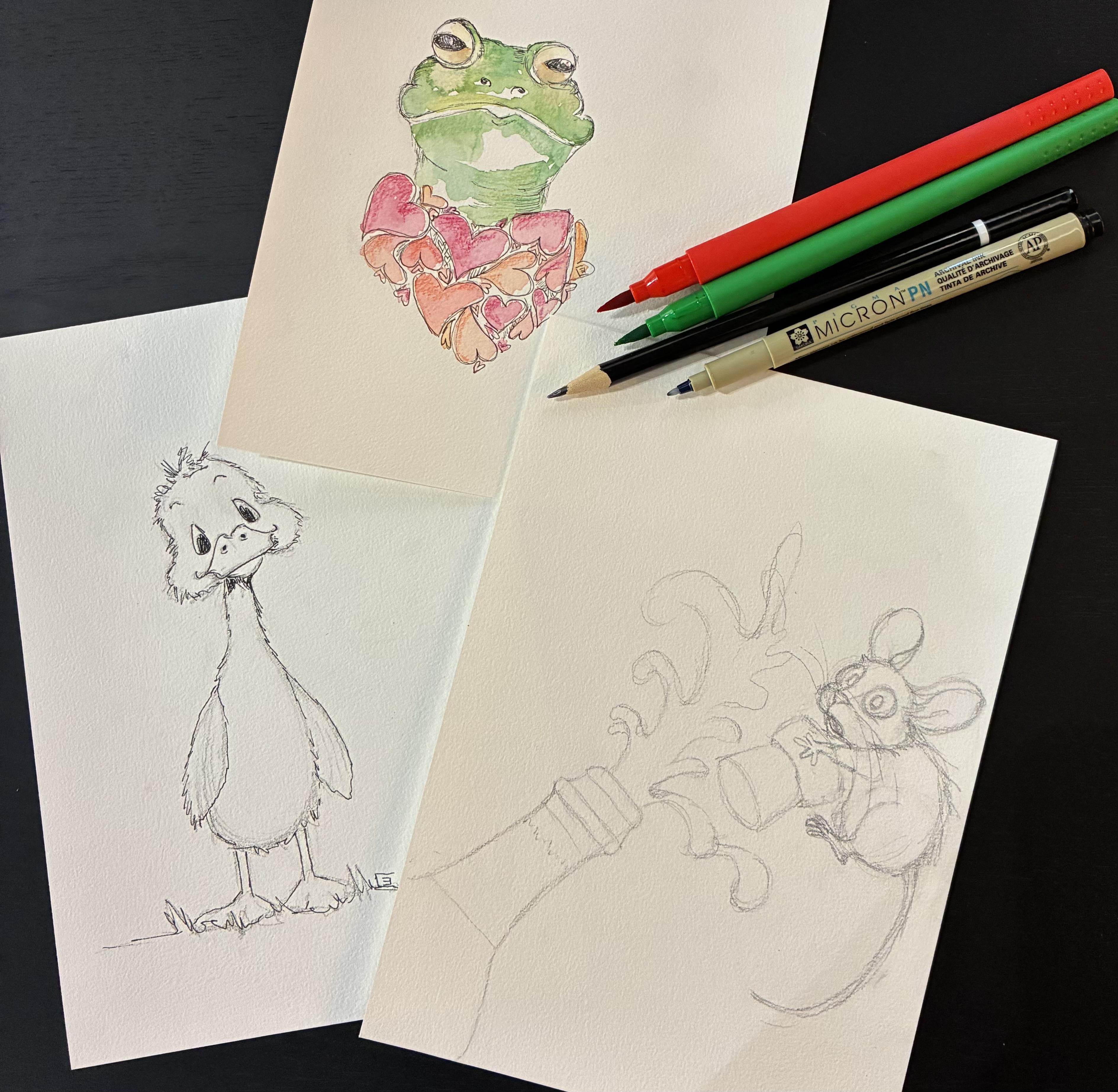 Dieren illustraties met brushpen en aquarelpotloden - Foto
