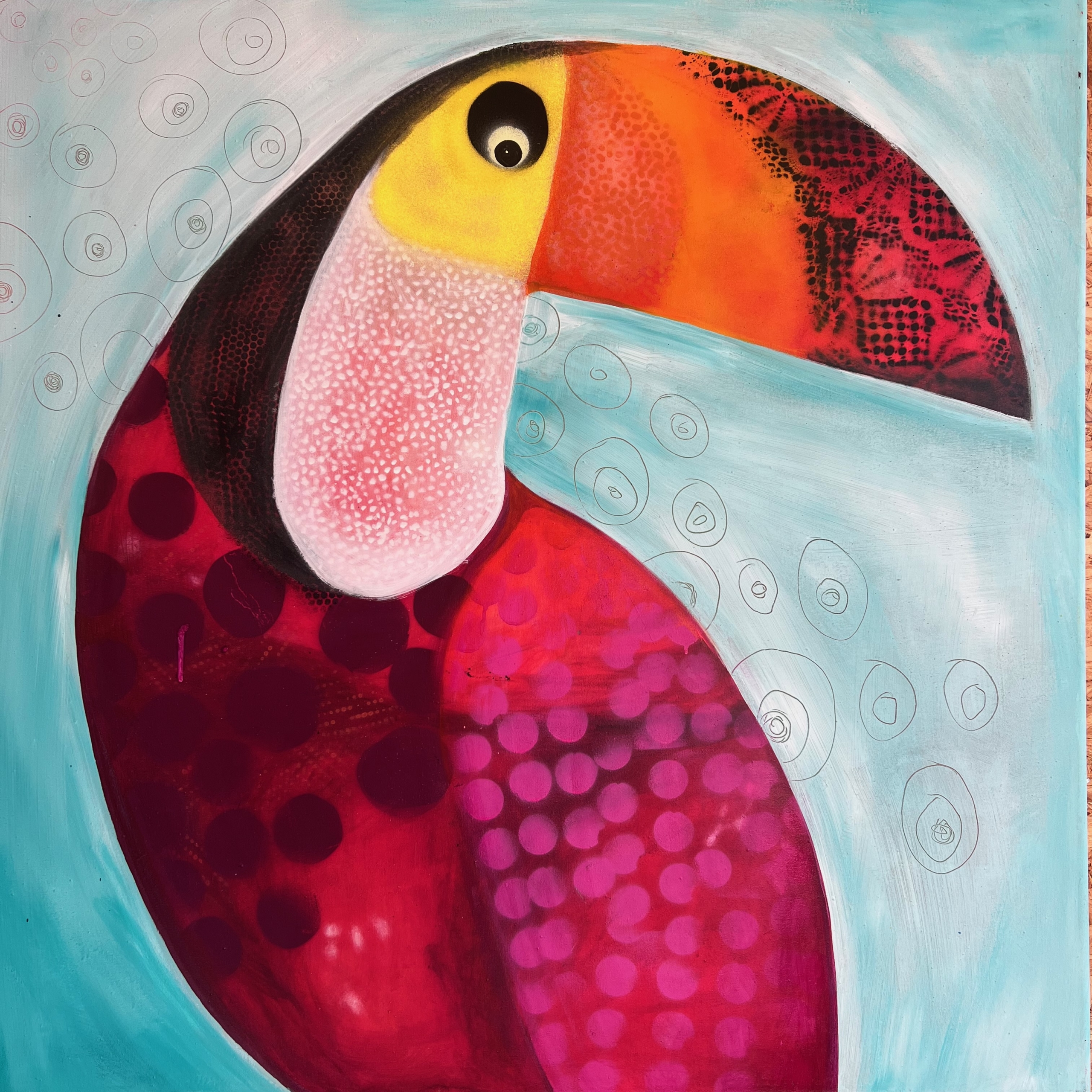 Ouder/kind: grote vogel: graffiti en acryl