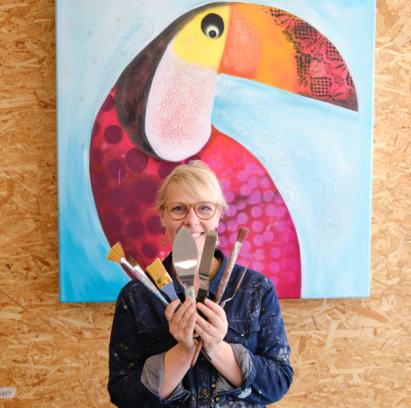 Ouder/kind: grote vogel: graffiti en acryl 10j+