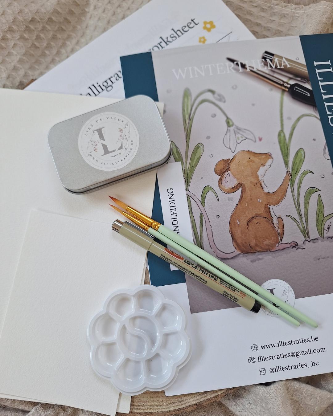 Creëer je eigen illustratie: Muisje tussen de sneeuwklokjes – compleet DIY aquarelpakket voor thuis - Foto