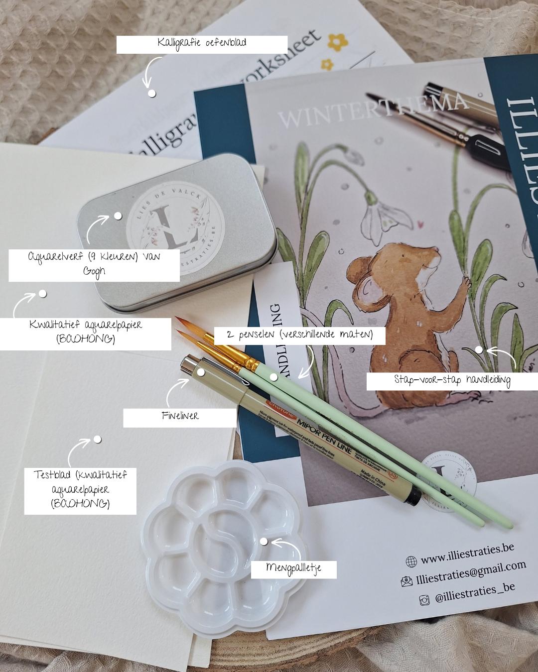 Creëer je eigen illustratie: Muisje tussen de sneeuwklokjes – compleet DIY aquarelpakket voor thuis - Foto