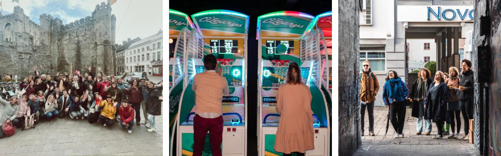 Foto's van verschillende teambuildings. Links staat een groep aan het Gravensteen die een stadsspel deden. In het midden zijn het twee personen die een Arcade Game doen. Rechts is een graffiti tour.