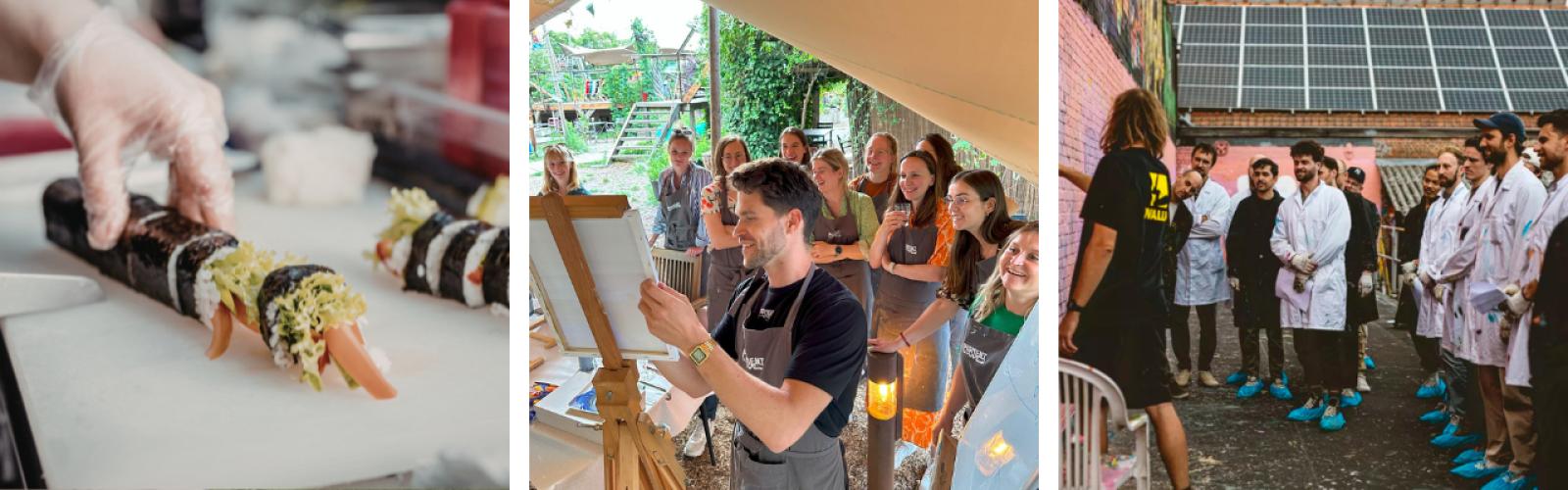 3 foto's van workshops. Links is een sushi workshop. In het midden is een workshop van Paint &amp; Sip. En rechts zijn mensen die in een graffiti workshop zijn.
