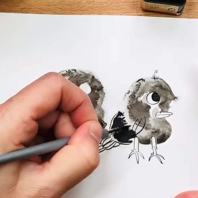 DIY pakket. Veren en vogeltjes schilderen met inkt en aquarel - Foto