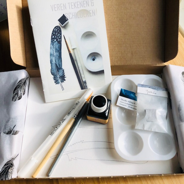 DIY pakket. Veren en vogeltjes schilderen met inkt en aquarel - Foto